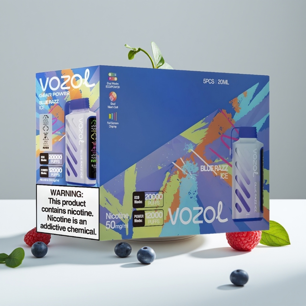 VOZOL Gear Power 20000 Puffs 20mL 5 nikotín Modrá Malina Ľadová SiLC Tech Dual Mesh Coil