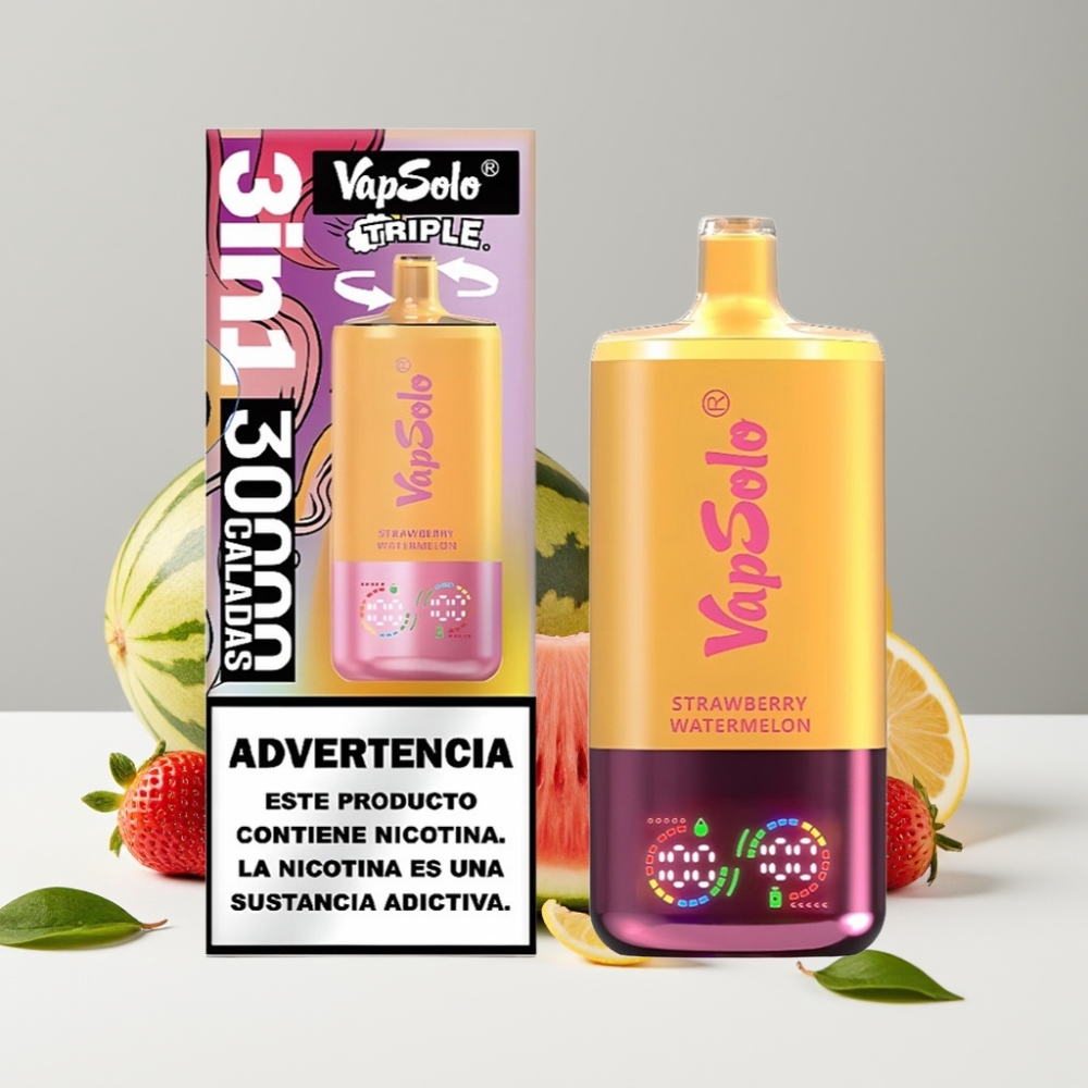VapSolo Triple 30000 Puffs 40ml 20/50mg Type-C Jahodový Melón  Citrónová Broskyňa