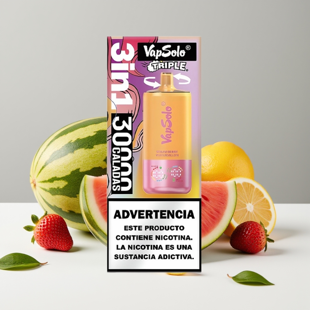 VapSolo Triple 30000 Puffs 40ml 20/50mg Type-C Jahodový Melón  Citrónová Broskyňa