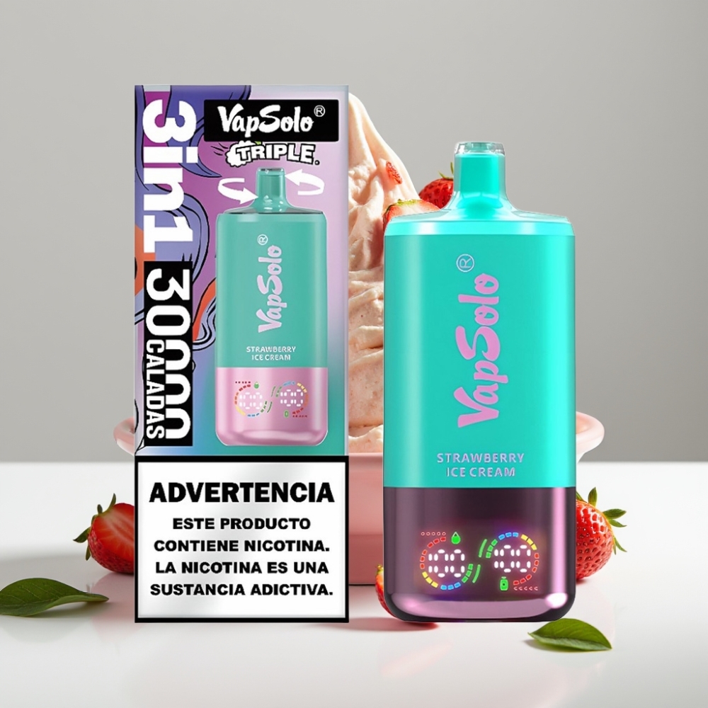 VapSolo Triple 30000 Puffs Jahodová Zmrzlina 40ml 20/50mg/ml 3 nádrže Type-C